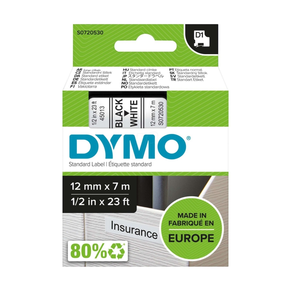 Original Dymo Laminiertes Polyesterband 45013 / S0720530 Schwarz auf Weiss (12mm / 7m)