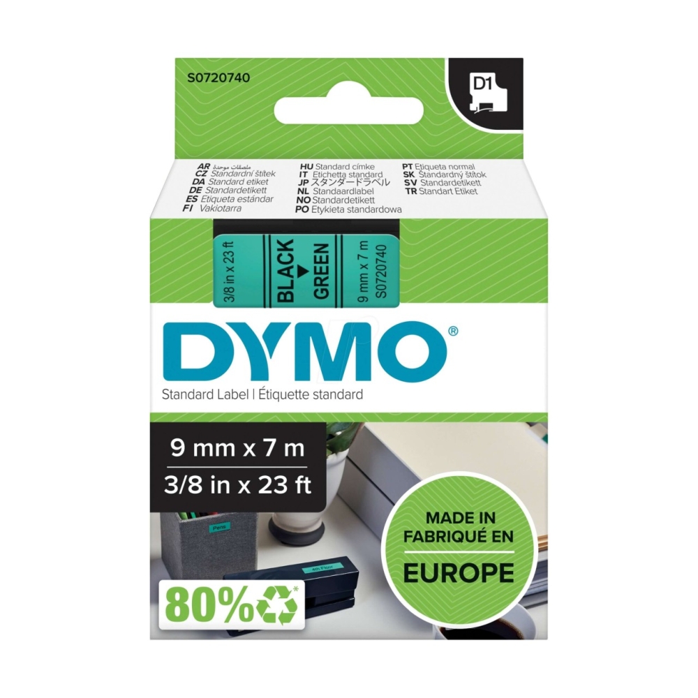 Original Dymo Laminiertes Polyesterband 40919 / S0720740 Schwarz auf Grün (9mm / 7m)