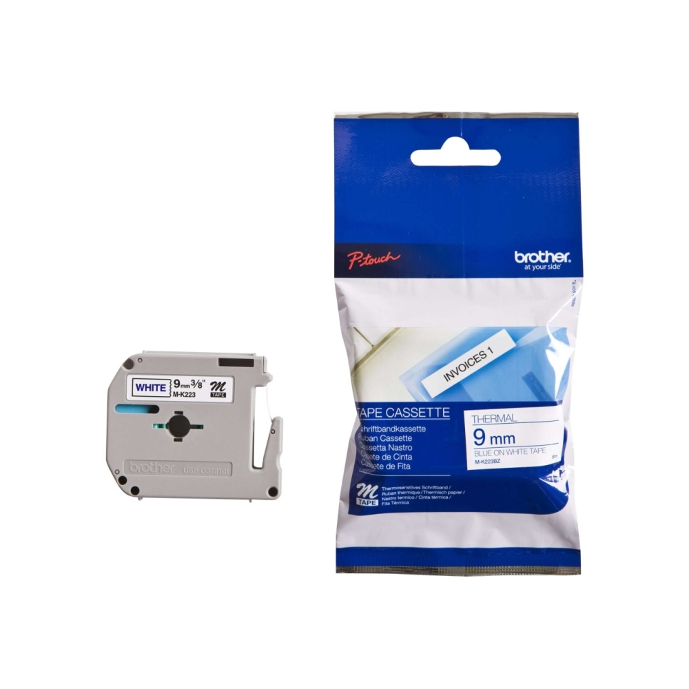 Original Brother nicht Laminiertes Schriftband M-K223BZ Blau auf Weiss (9mm / 8m)
