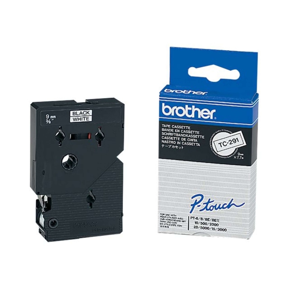 Original Brother Laminiertes Schriftband TC-291 Schwarz auf Weiss (9mm / 7.7m)
