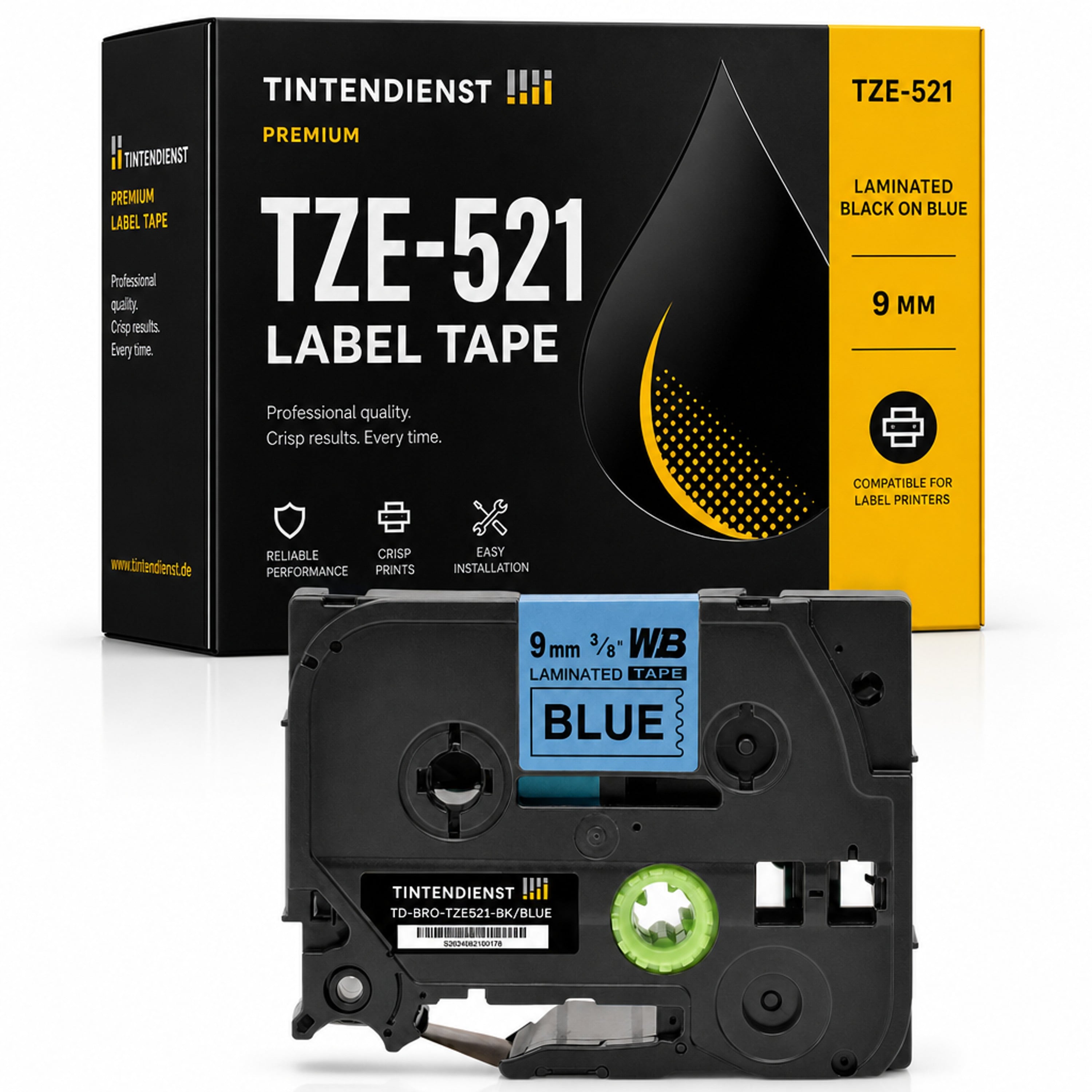 Schriftband kompatibel zu Brother TZE-521, schwarz auf blau, 9 mm