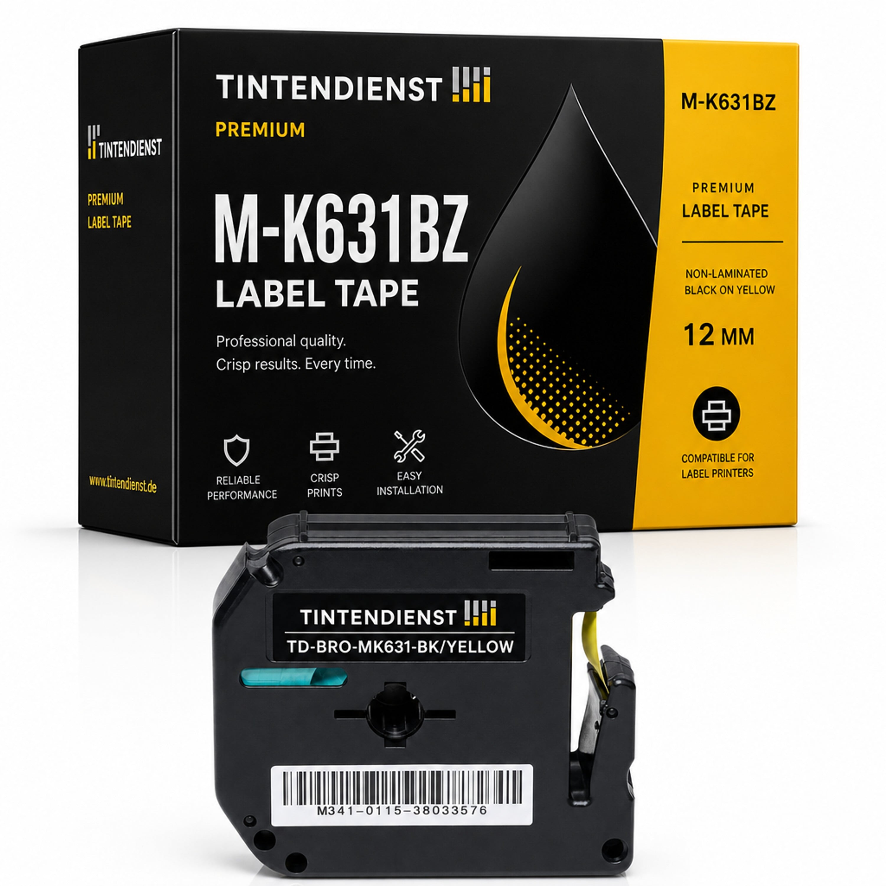 Schriftband kompatibel zu Brother M-K631BZ, schwarz auf gelb, 12 mm