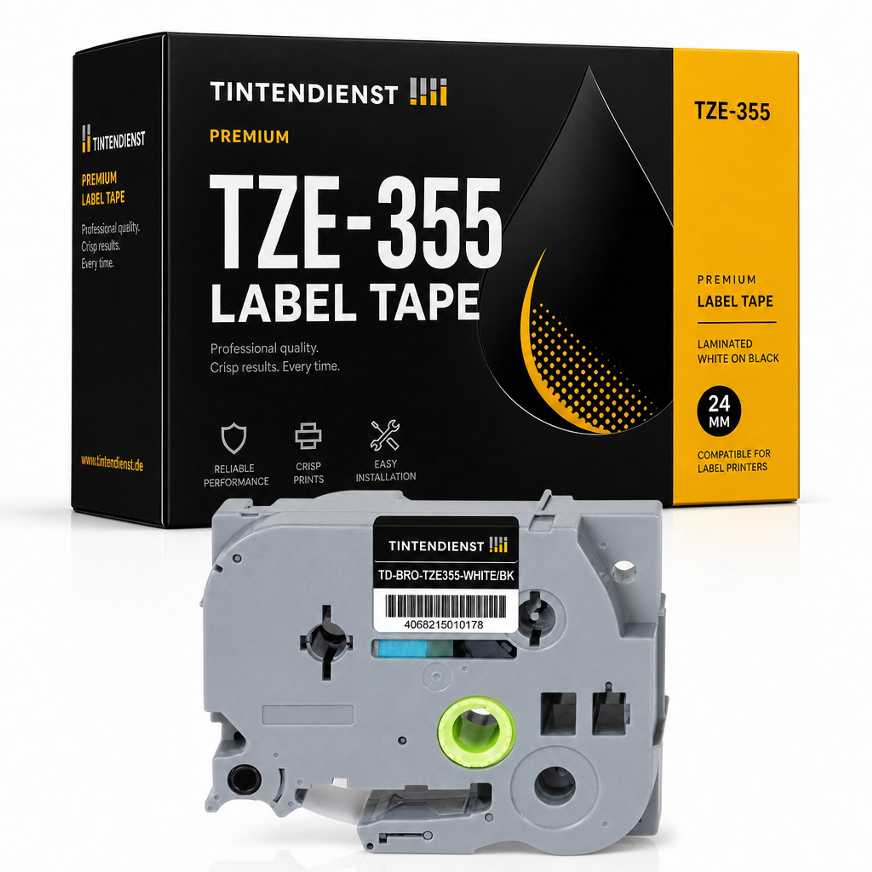 Schriftband kompatibel zu Brother TZE-355, weiss auf schwarz, 24 mm