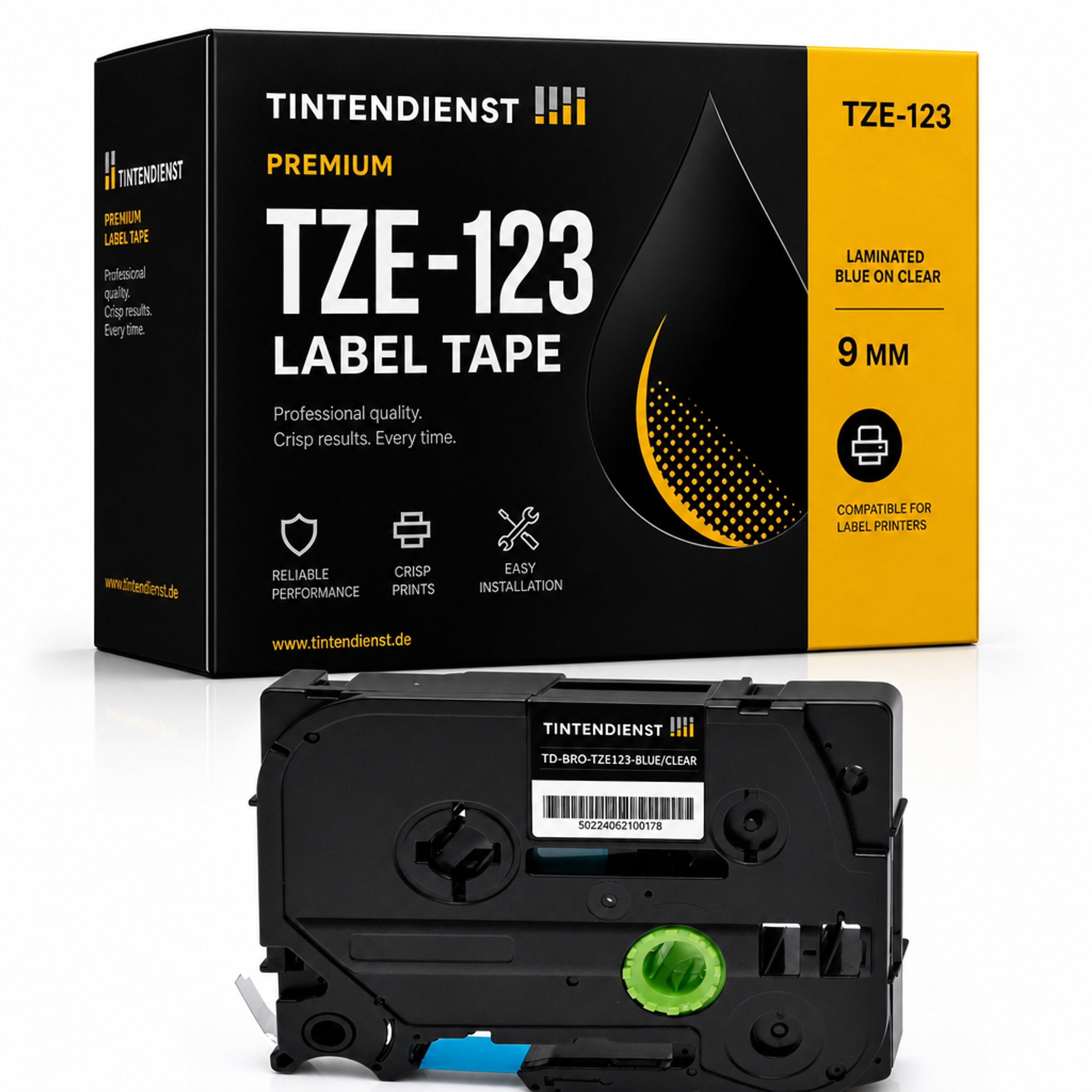 Schriftband kompatibel zu Brother TZE-123, blau auf transparent, 9 mm