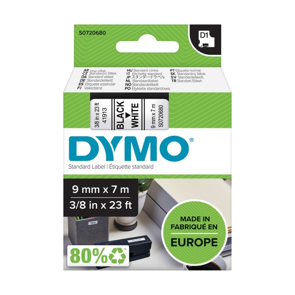 Original Dymo Laminiertes Polyesterband 40913 / S0720680 Schwarz auf Weiß (9mm / 7m)