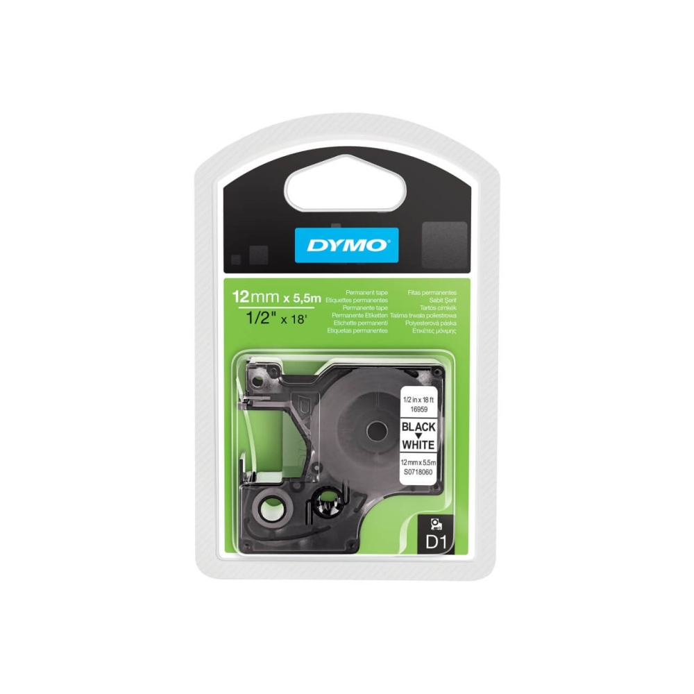 Original Dymo Laminiertes Polyesterband 16959 / S0718060 Schwarz auf Weiss (12mm / 5.5m)
