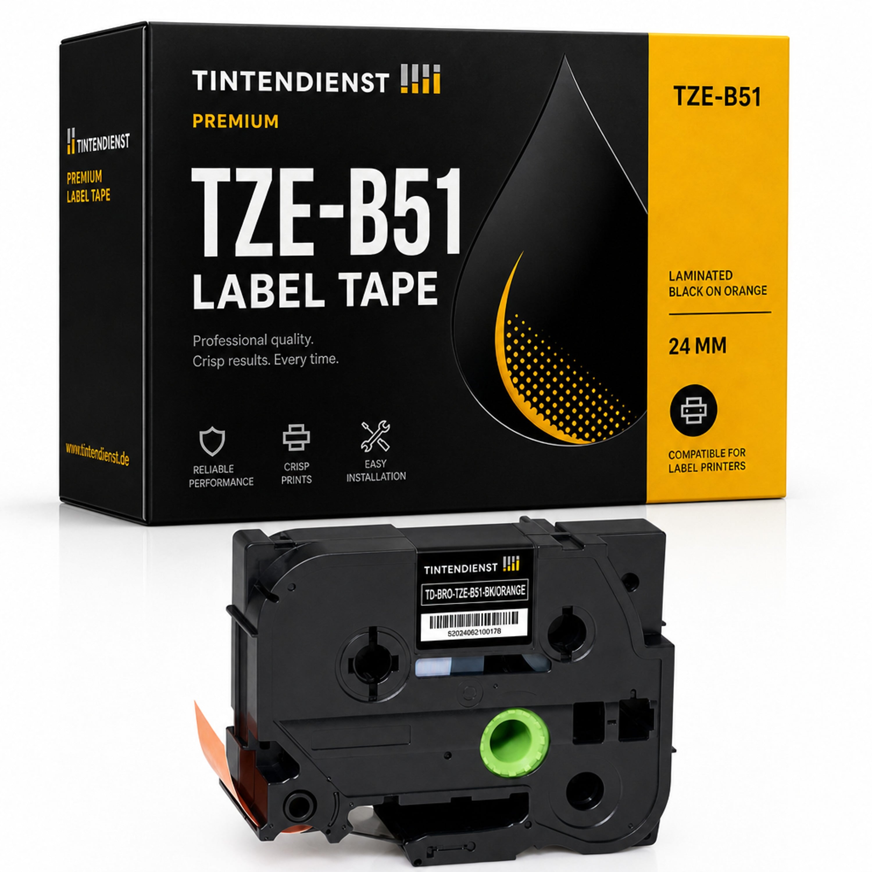 Schriftband kompatibel zu Brother TZE-B51, schwarz auf orange, 24 mm