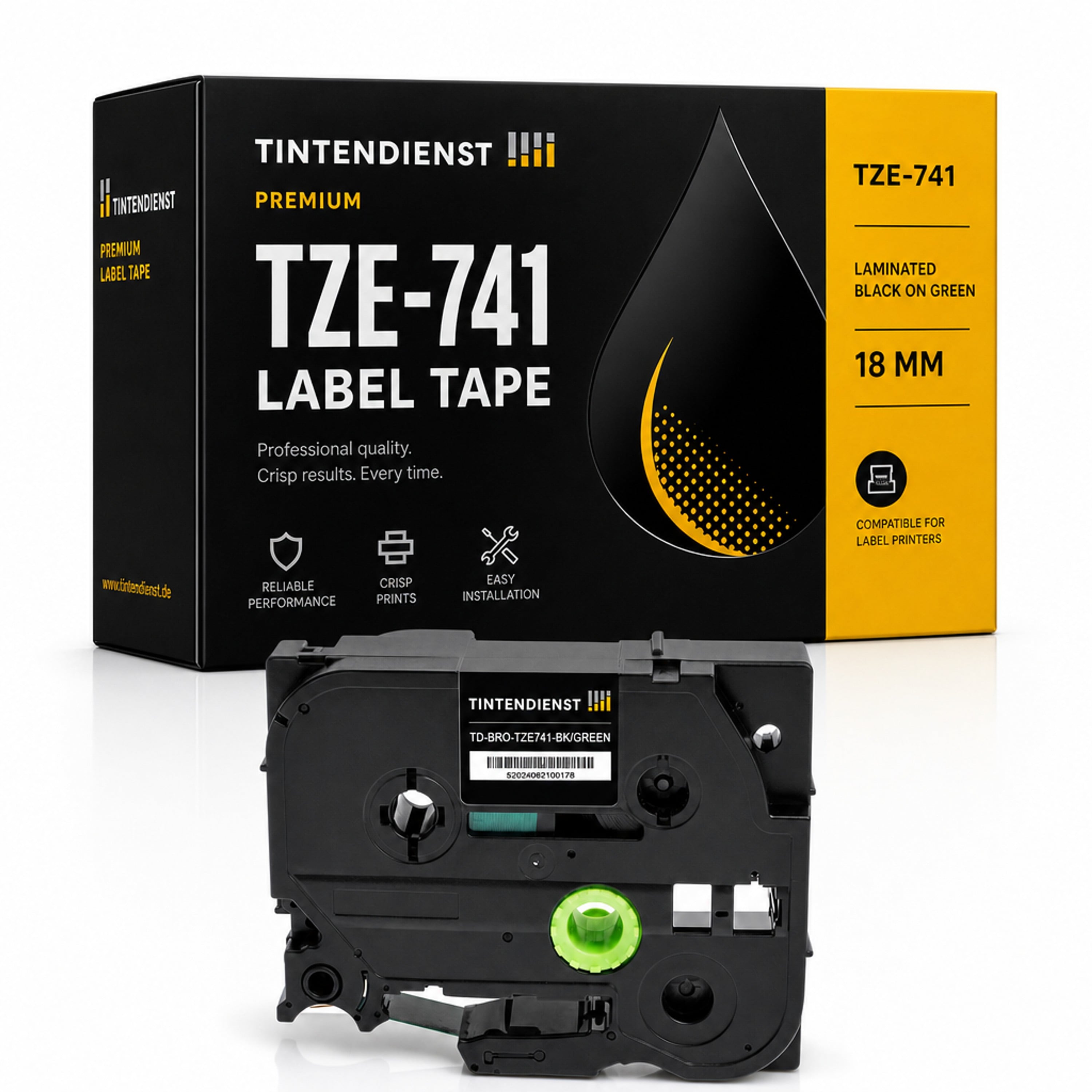 Schriftband kompatibel zu Brother TZE-741, schwarz auf grün, 18 mm