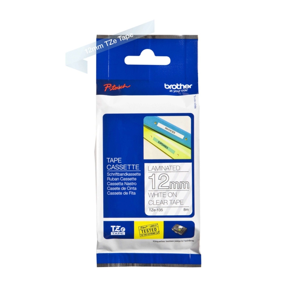 Original Brother Laminiertes Schriftband TZE-135 Weiss auf Transparent (12mm / 8m)