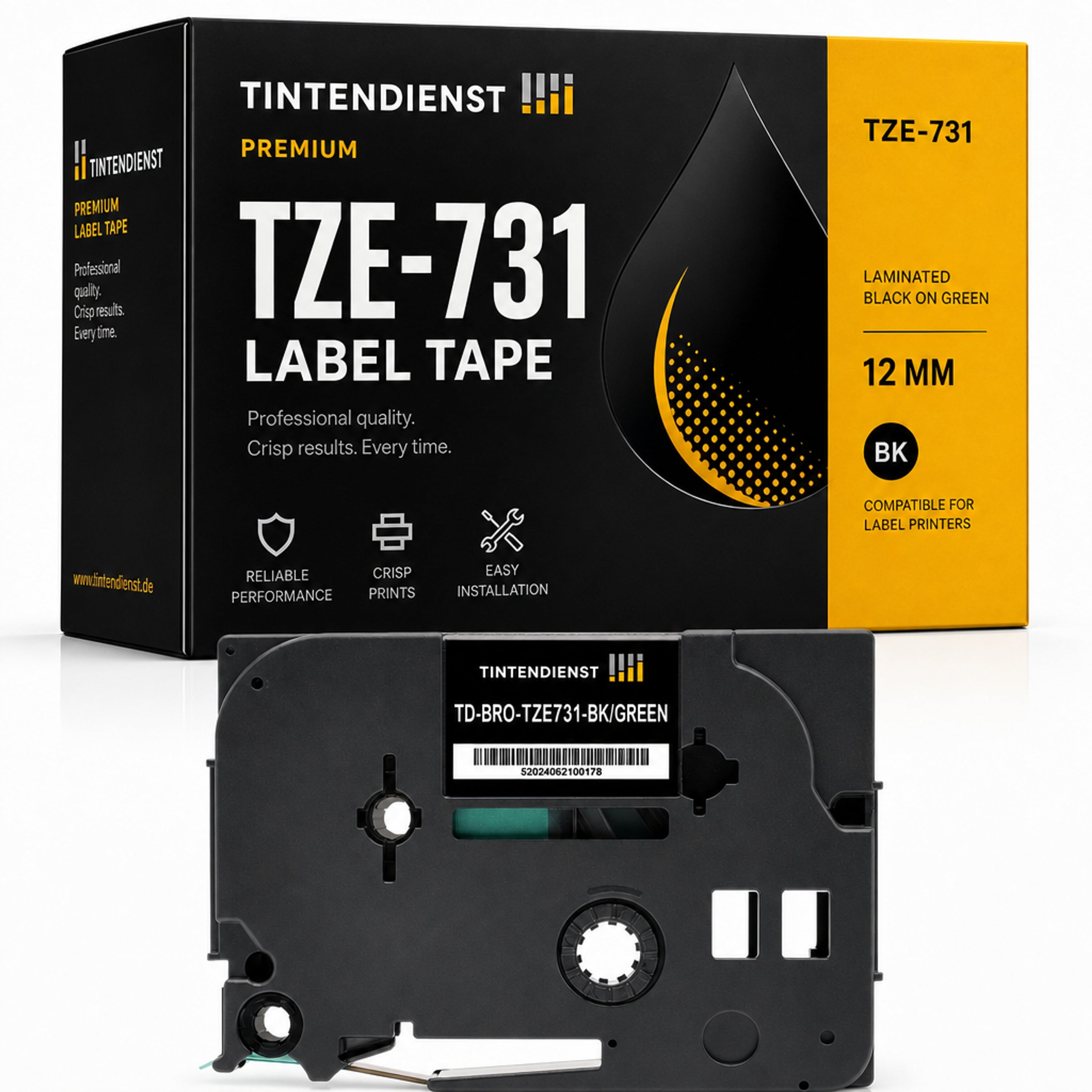 Schriftband kompatibel zu Brother TZE-731, schwarz auf grün, 12 mm