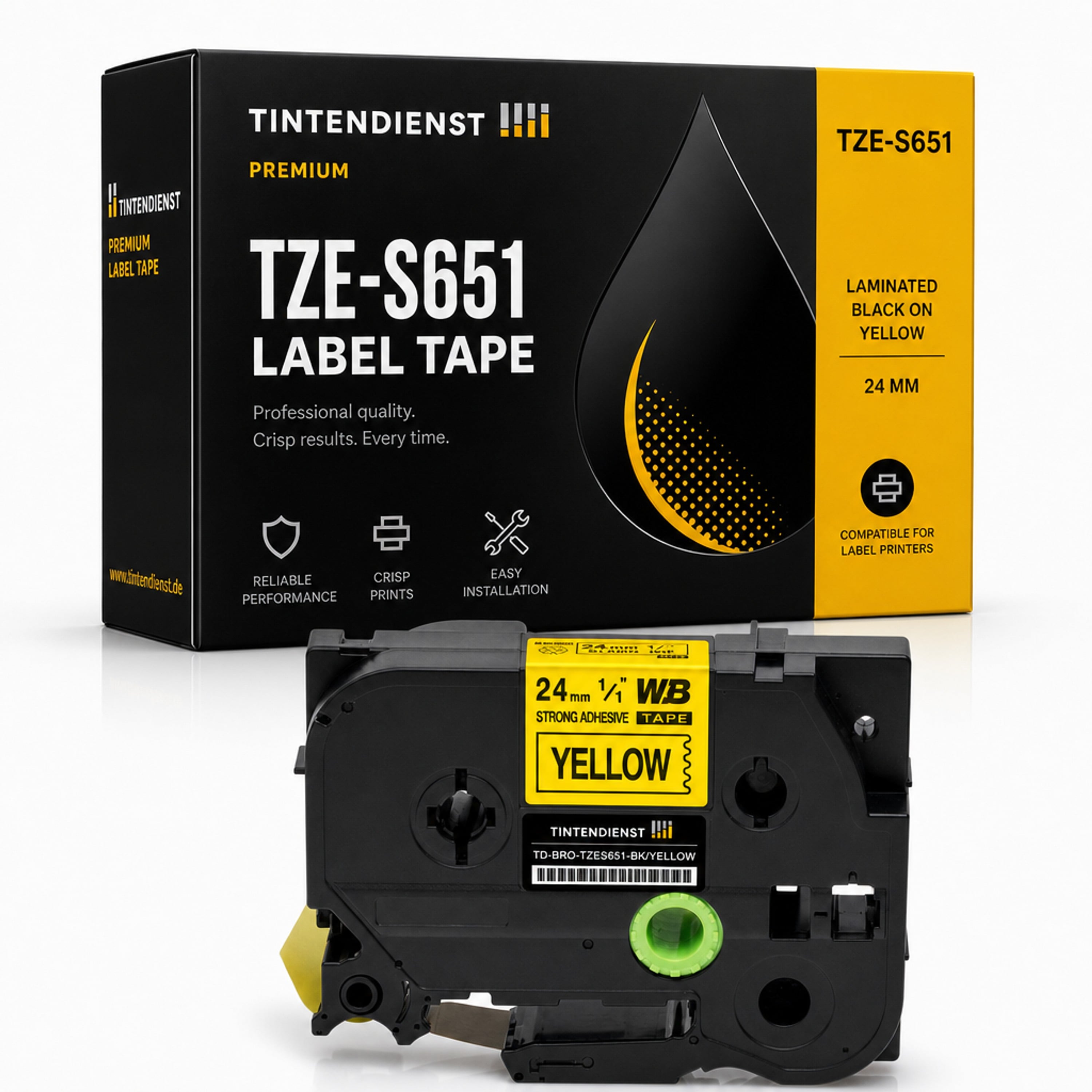 Schriftband kompatibel zu Brother TZE-S651, schwarz auf gelb, 24 mm