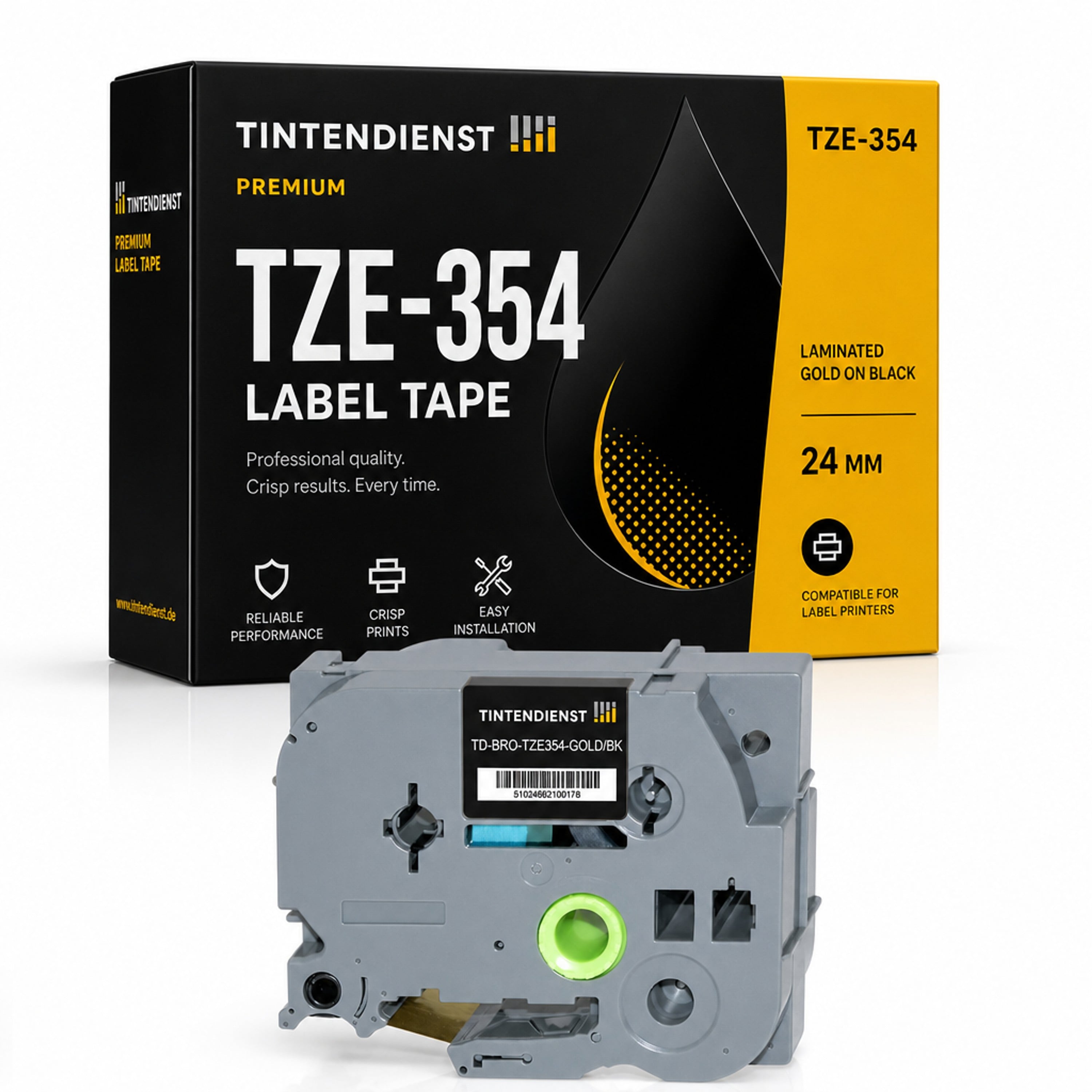 Schriftband kompatibel zu Brother TZE-354, gold auf schwarz, 24 mm