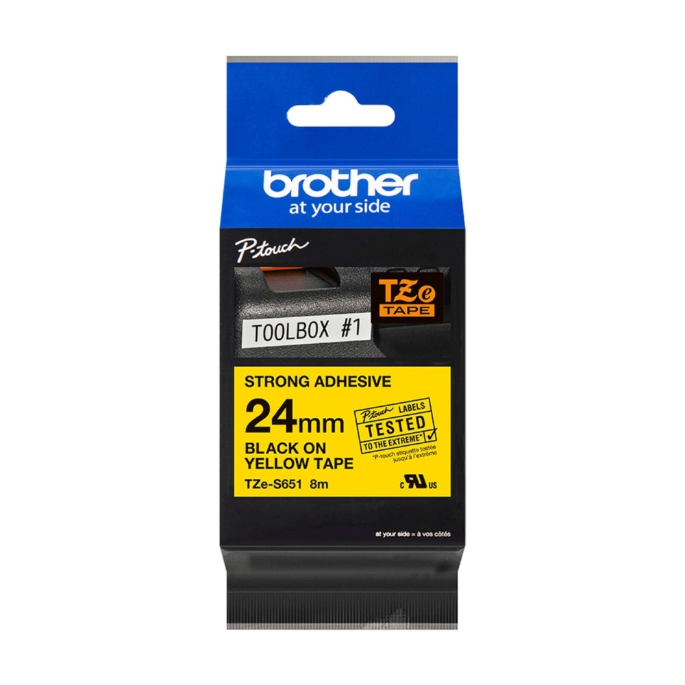 Original Brother extra-stark klebendes Laminiertes Schriftband TZE-S651 Schwarz auf Gelb (24mm / 8m)