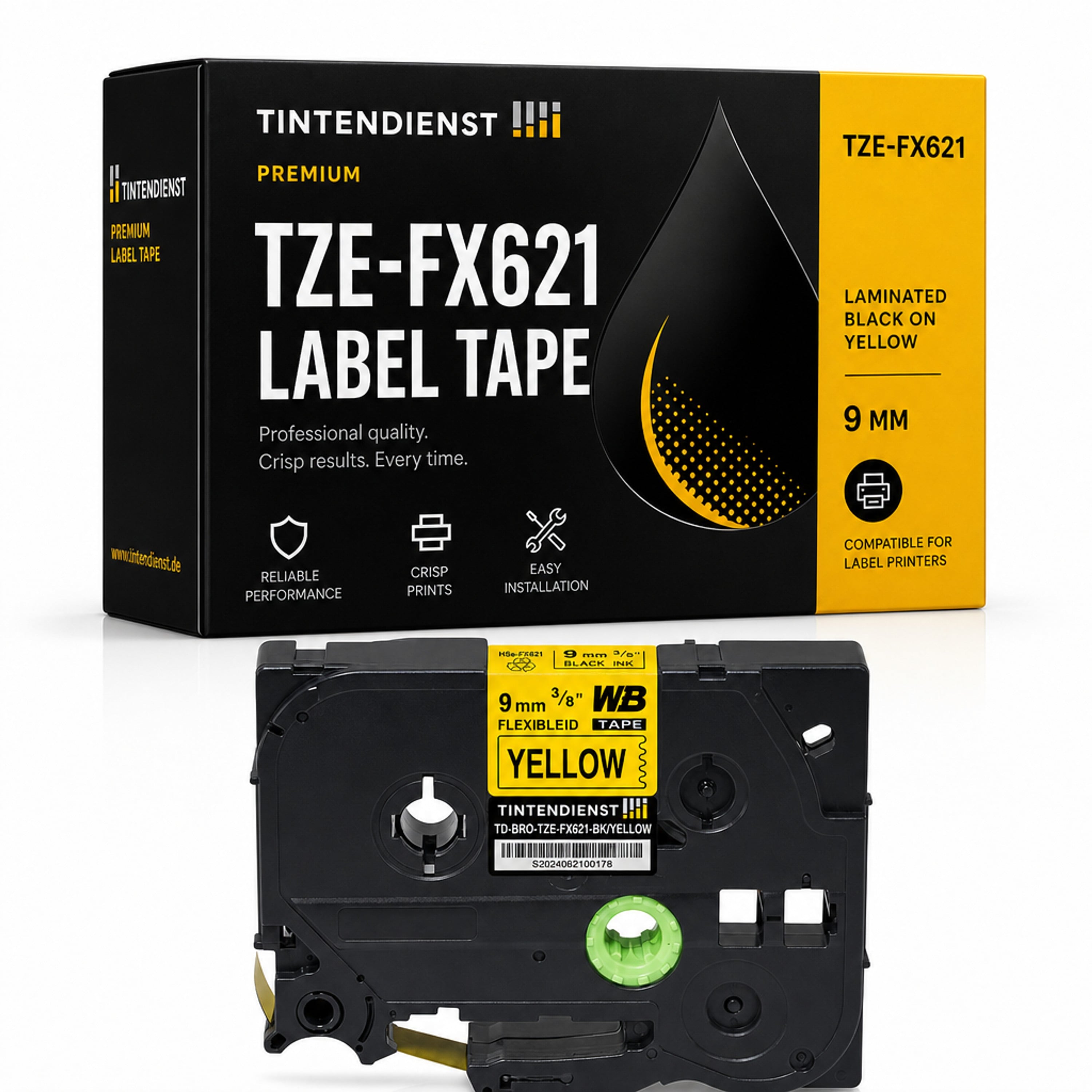 Schriftband kompatibel zu Brother TZE-FX621, schwarz auf gelb, 9 mm
