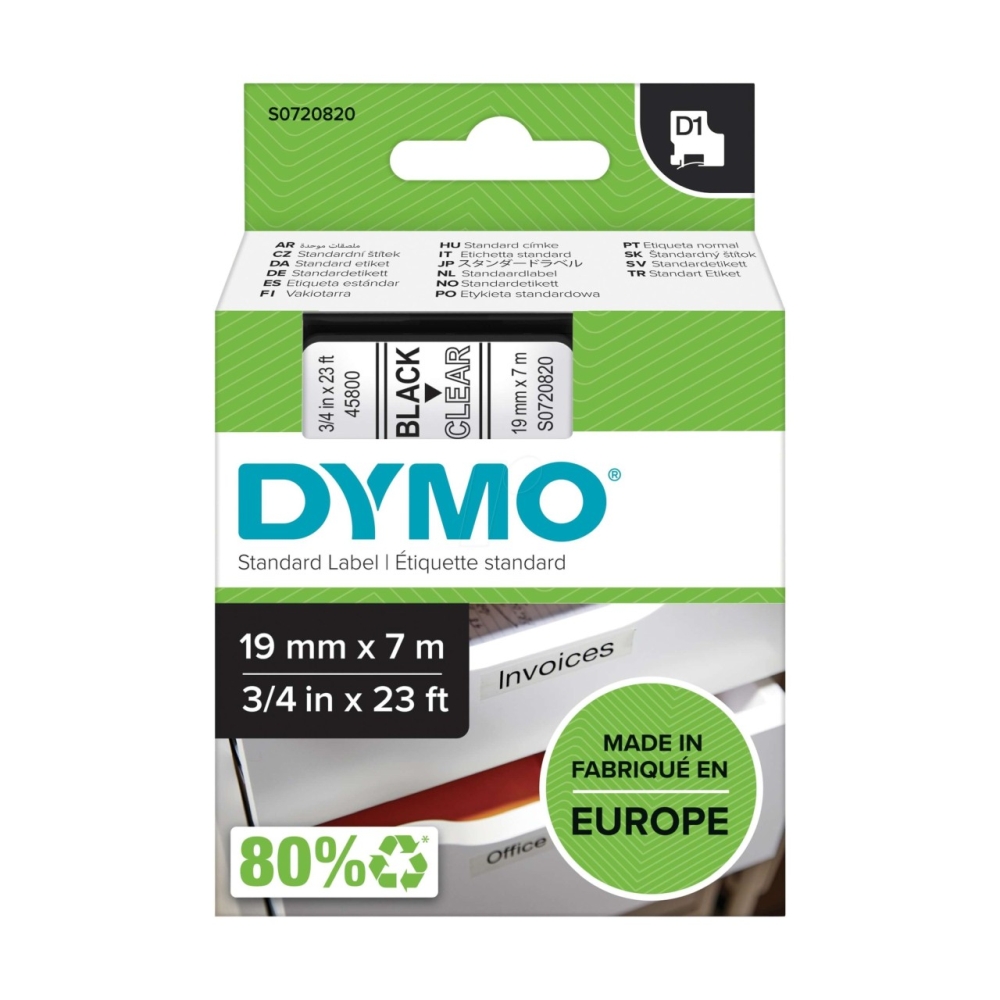 Original Dymo Laminiertes Polyesterband 45800 / S0720820 Schwarz auf Transparent (19mm / 7m)