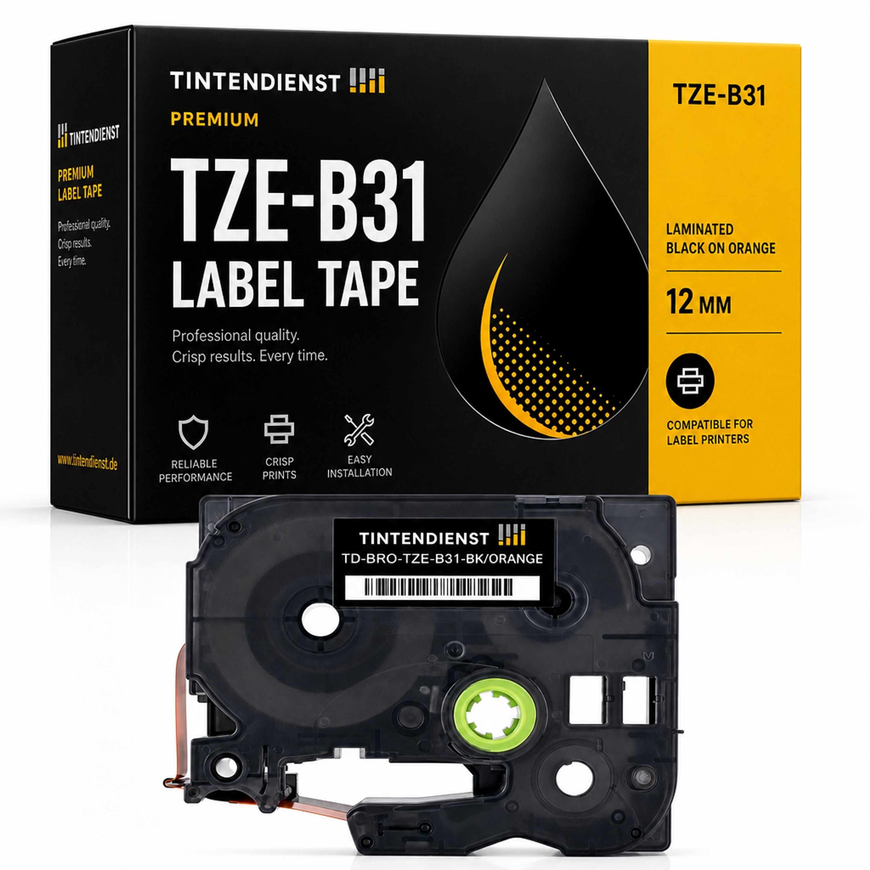 Schriftband kompatibel zu Brother TZE-B31, schwarz auf orange, 12 mm