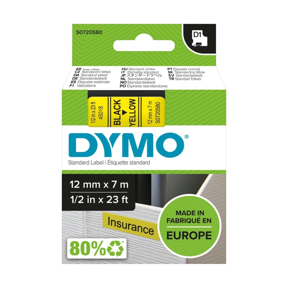 Original Dymo Laminiertes Polyesterband 45018 / S0720580 Schwarz auf Gelb (12mm / 7m)
