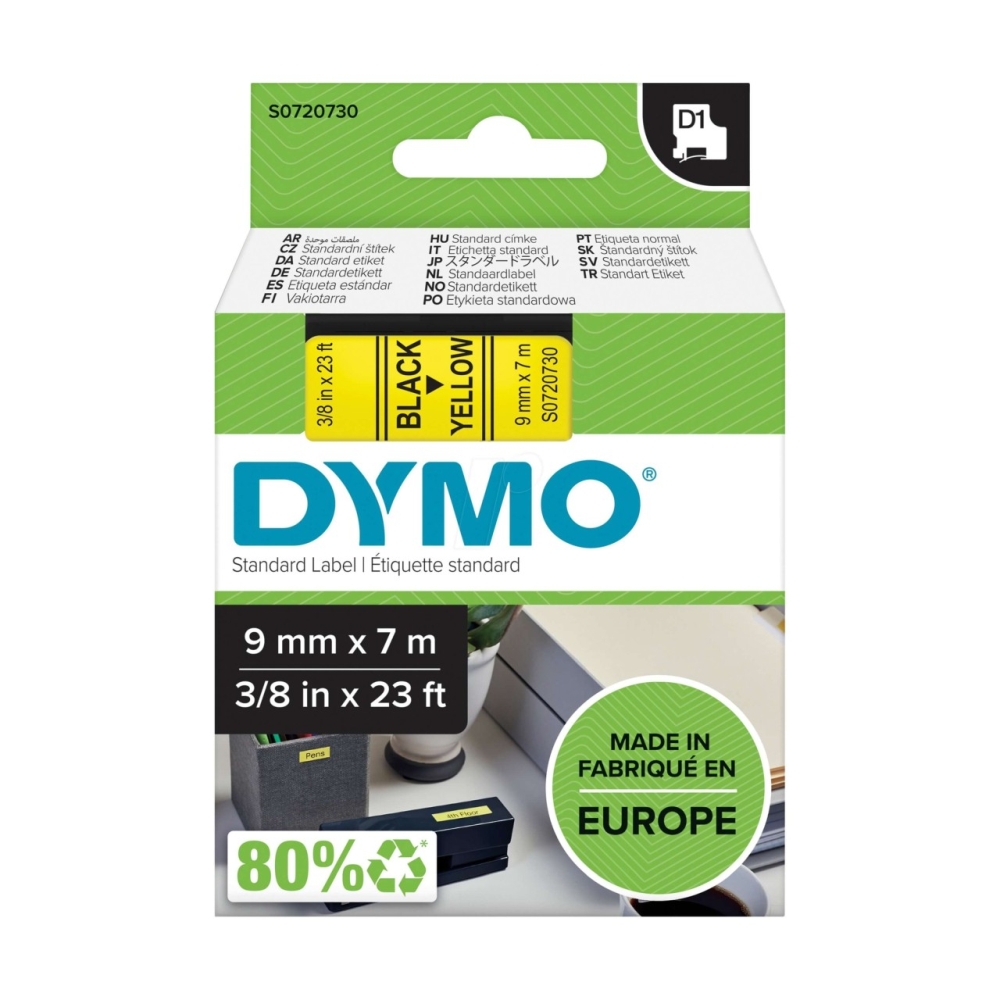 Original Dymo Laminiertes Polyesterband 40918 / S0720730 Schwarz auf Gelb (9mm / 7m)