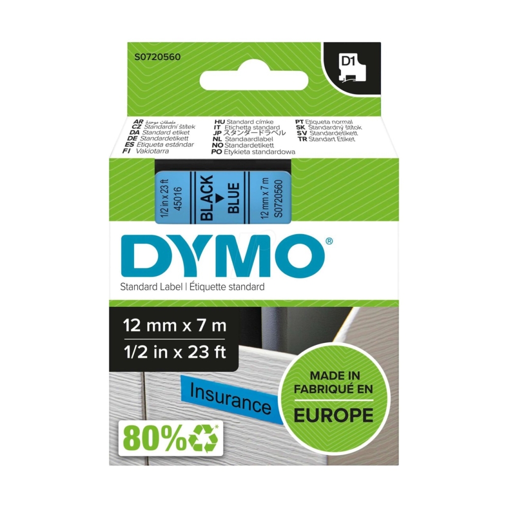 Original Dymo Laminiertes Polyesterband 45016 / S0720560 Schwarz auf Blau (12mm / 7m)