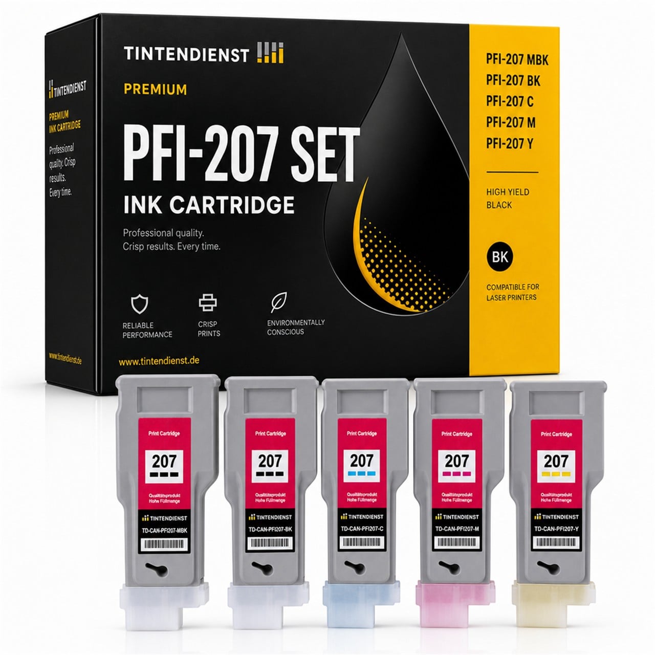 Canon PFI-207 (8789B001) Druckerpatrone Multipack 5er (schwarz, cyan, magenta, gelb) – Tintendienst kompatibel