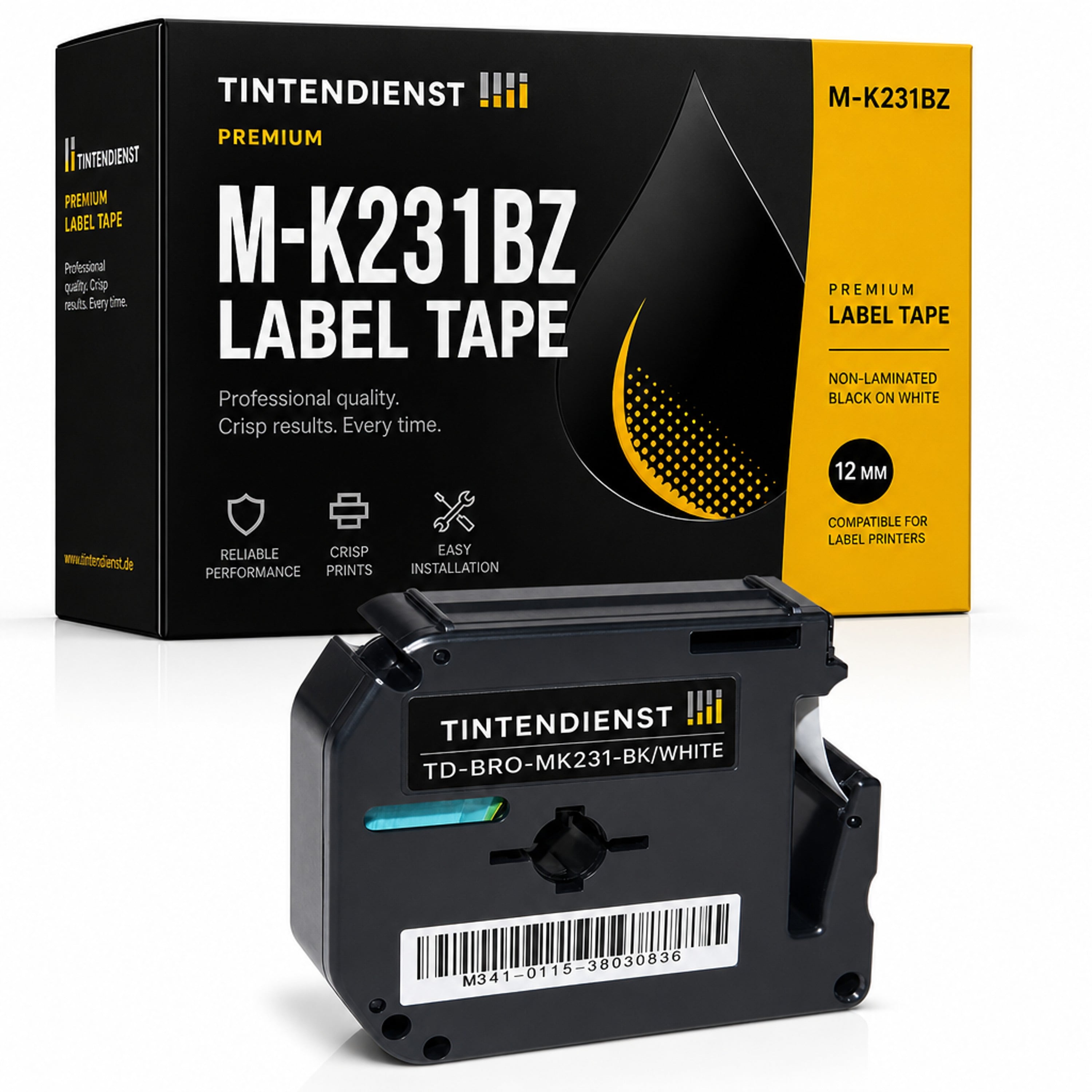 Schriftband kompatibel zu Brother M-K231BZ, schwarz auf weiss, 12 mm
