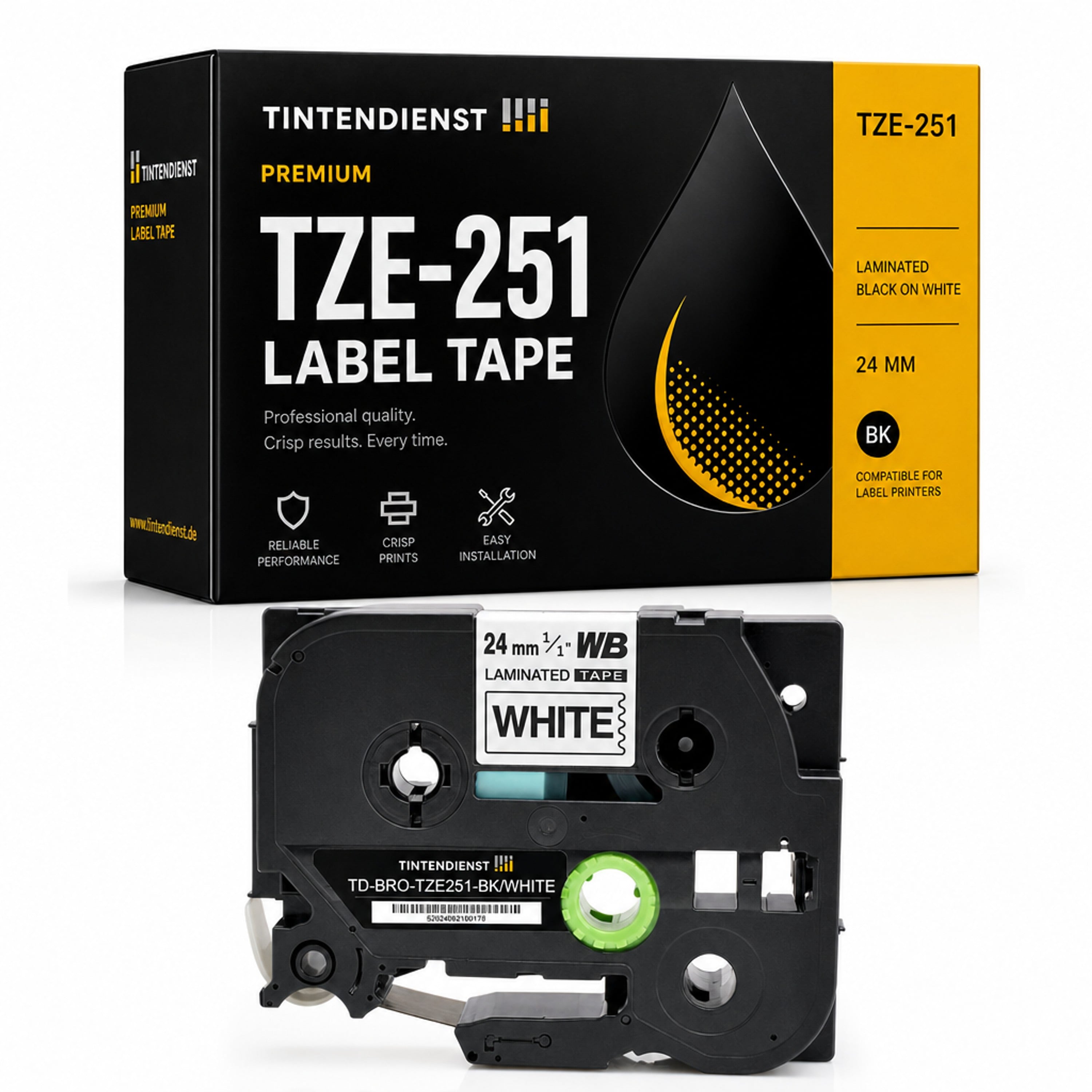 Schriftband kompatibel zu Brother TZE-251, schwarz auf weiss, 24 mm