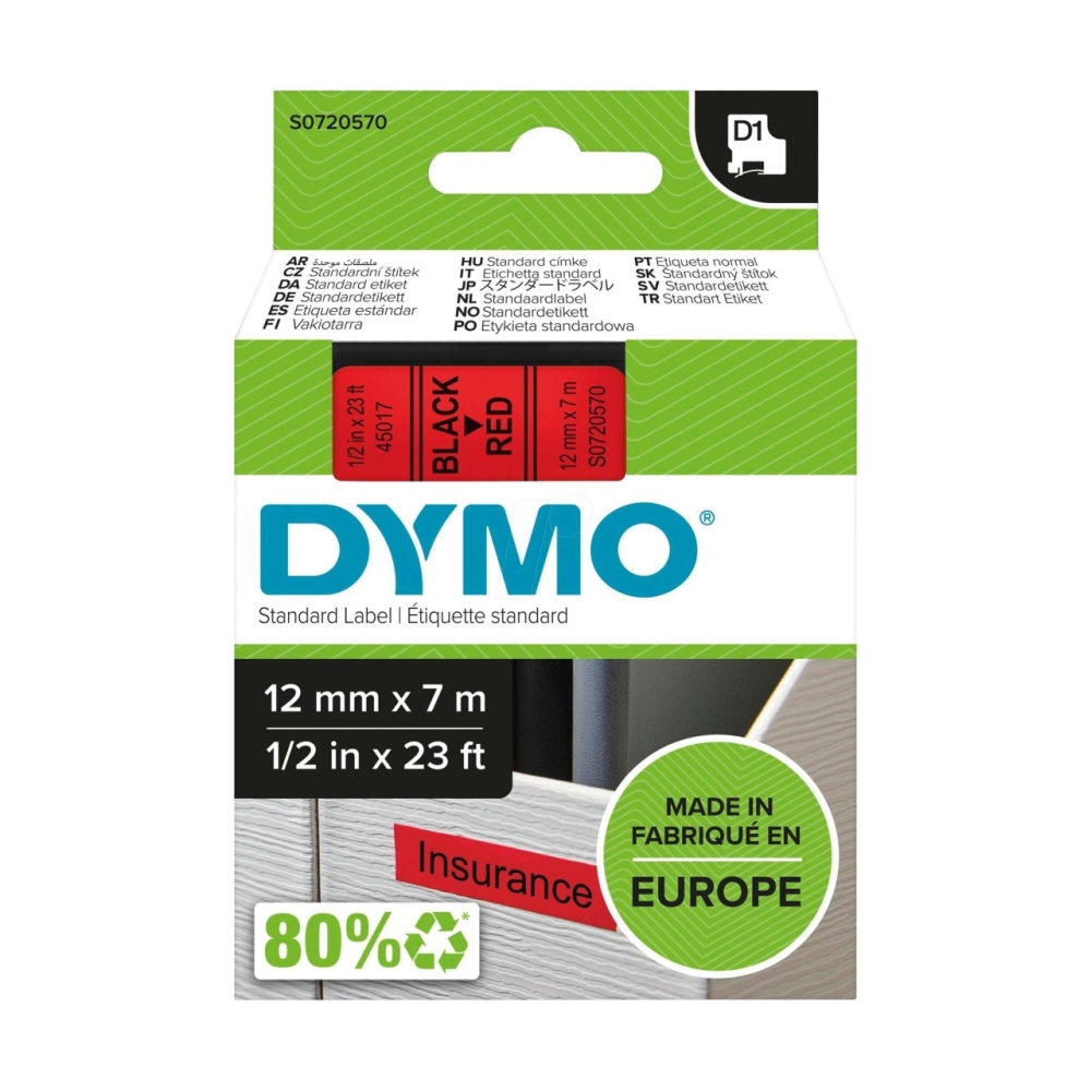 Original Dymo Laminiertes Polyesterband 45017 / S0720570 Schwarz auf Rot (12mm / 7m)